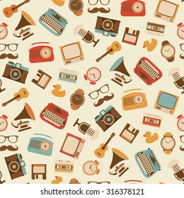 Seamless Retro Pattern - Alarm clock, Typewriter, Guitar, Television, Camera, Floppy Disk, Cassette, Radio, Gramophone, Microphone, Watch- Wallpaper Collection of Retro Devices