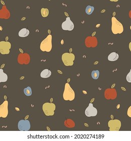Patrón retro sin foco. Cosecha otoñal de manzanas de frutas, peras, ciruelas, colores tierra