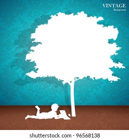 Seamless retro pattern background with children read a book under tree. Vector Illustration.