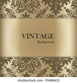 Seamless retro pattern background with golden vintage label. Vector illustration.