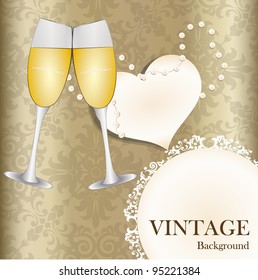 Fondo de patrón retro impecable con etiqueta vintage y vaso de vino. Ilustración vectorial.