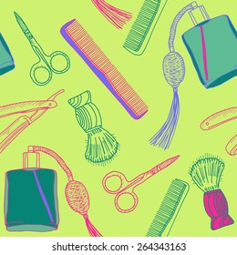 Seamless retro pattern with barbers and accessories for shaving