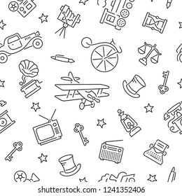 Seamless retro pattern. Black and white thin line icons