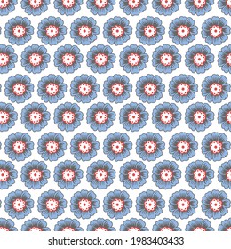 seamless retro pattern with blue flowers on white background.