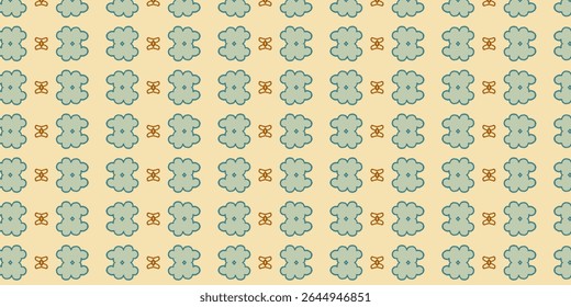 Padrão retro contínuo com contorno azul formas florais e símbolos castanhos abstratos em um fundo bege. Perfeito para projetos de têxteis e papel de parede vintage.