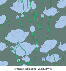 Seamless retro pattern with blue poppies over a dark green background