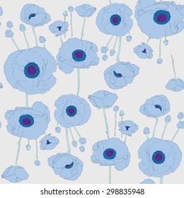 Seamless retro pattern with blue poppies over a light grey background