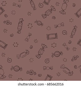 Seamless retro pattern of candies and sweets on brown background. Vintage vector background.	