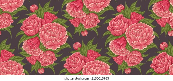 Seamless retro pattern with cartoon bush of peony flowers with foliage on grey background. Vector fabric swatch with lush floral decoration. Botany texture of natural floral bouquet in powdery colors