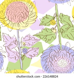 Seamless retro pattern with chrysanthemum over a colored background with geometrical shapes