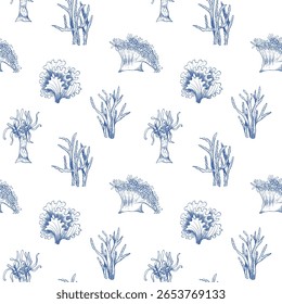 Padrão retro contínuo com corais. Esboço de linha azul desenhado à mão sobre fundo branco. Ilustração marinha vetorial em estilo mediterrâneo vintage para impressão, design, têxtil, envoltório, vestuário