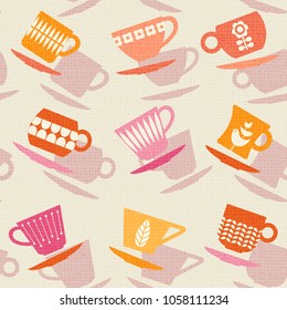 Seamless retro pattern of decorated tea cups or coffee cups. vector illustration.