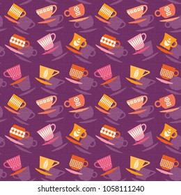 Seamless retro pattern of decorative tea cups or coffee cups. vector illustration.