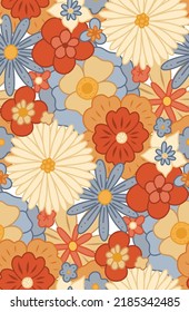 Patrón retro sin foco con flores gruesas densas. Textura hippie vectorial con diferentes flores. Fondo retro floral para tejidos y tapicería.