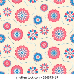 Seamless retro pattern of different colored summer flowers on a pastel background. Perfect use for textile, paper manufacturing, backgrounds, etc.