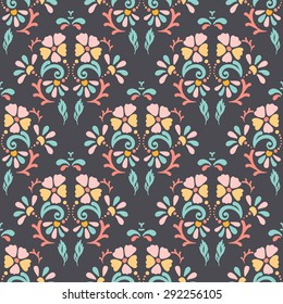 Seamless retro pattern of different colored summer flowers on a dark pastel background. Perfect use for textile, paper manufacturing, backgrounds, etc. Fully editable vector illustration