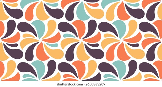 A seamless retro pattern featuring abstract, swirling petal-like shapes in warm orange, muted teal, and deep purple against a clean white background.