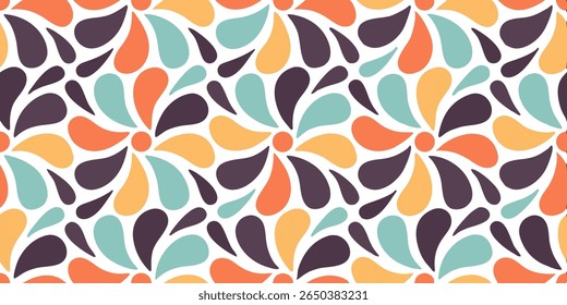 A seamless retro pattern featuring abstract floral elements. Teardrop shapes in warm orange, cool teal, sunny yellow, and deep purple repeat across a clean white background.