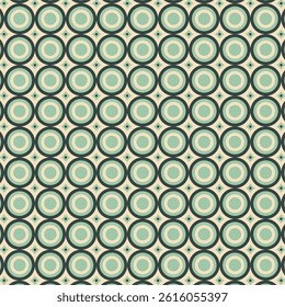 seamless retro pattern featuring concentric green circles on a pale yellow background with diamond accents. Ideal for textiles, wallpapers, or digital art with a vintage, mid-century modern vibe
