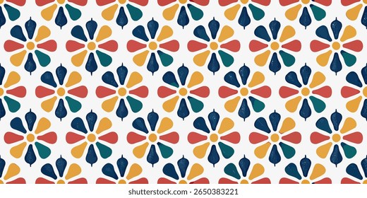 A seamless retro pattern featuring stylized flowers in a vibrant mid-century modern color scheme of red, yellow, teal, and navy blue on a white background.