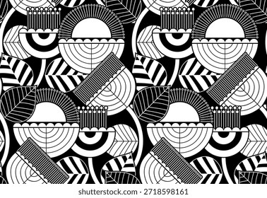 Patrón retro sin fisuras con flores. Línea Abstractas patrón de motivo floral. Fondo de flores en blanco y negro