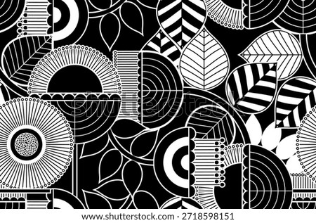 seamless retro pattern with flowers. Abstract Line floral motif pattern. Black and white flowers background