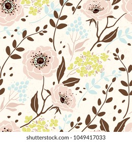 Seamless retro pattern with flowers Anemone, Hydrangea, branches and leaves. Vector floral illustration on beige texture background.