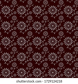 seamless retro pattern with flowers and leaves, maroon colour background white flower vector illustration