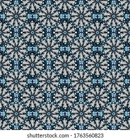 Seamless retro pattern with flowers. Flowers on black, blue and neutral colors. Flat Flower Elements Design. Colour Summer Theme seamless pattern Background.