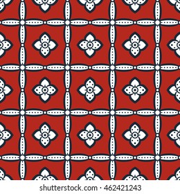 Seamless retro pattern with flowers in red, dark blue, white colors. Elegant floral ornament in folk style. Vector illustration for fashion design
