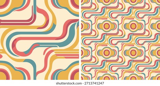 Seamless retro pattern with flowing wavy lines in warm vintage colors. Ideal for wallpapers, textiles, packaging, branding, and modern nostalgic designs.