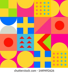 Seamless retro pattern with geometric simple shapes in neo-memphis bauhaus  style. Retrofuturistic vector ornament for print.