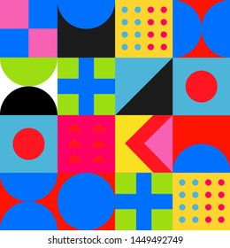 Seamless retro pattern with geometric simple shapes in neo-memphis bauhaus  style. Retrofuturistic vector ornament for print.