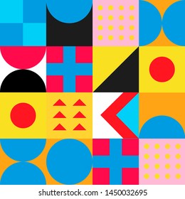 Seamless retro pattern with geometric simple shapes in neo-memphis bauhaus  style. Retrofuturistic vector ornament for print.