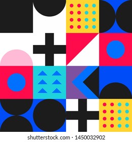 Seamless retro pattern with geometric simple shapes in neo-memphis bauhaus  style. Retrofuturistic vector ornament for print.