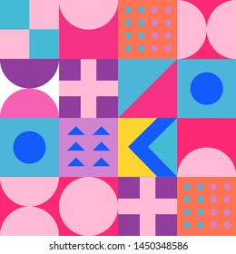 Seamless retro pattern with geometric simple shapes in neo-memphis bauhaus  style. Retrofuturistic vector ornament for print.