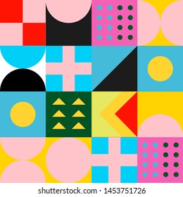 Seamless retro pattern with geometric simple shapes in neo-memphis bauhaus  style. Retrofuturistic vector ornament for print.
