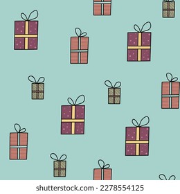 A seamless retro pattern with gift boxes on a turquoise background.