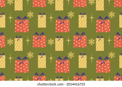 Seamless retro pattern with gifts and snowflakes. Vector illustration in a simple Mid-Century Modern style design vintage colors. Christmas pattern for gifts