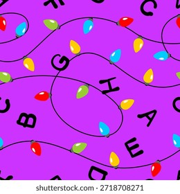 Patrón retro sin fisuras con luces de Navidades brillantes y letras del alfabeto sobre fondo púrpura. Inspirado en la estética de terror de ciencia ficción de los años 80. Diseño enredado del misterio del alambre para el Fondo de pantalla y la tela
