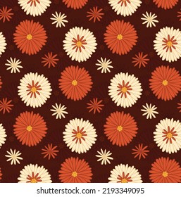 Seamless retro pattern with groovy flowers on dark background. Vector hippie texture with white and red flowers. Floral old-fashioned background with chamomile for fabrics and wallpapers.
