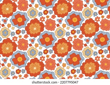Patrón retro sin foco, con flores gruavantes sobre fondo oscuro. Textura hippie vectorial con diferentes flores. El ambiente es un poco anticuado para los tejidos. Papel de flores. Potencia de las flores.