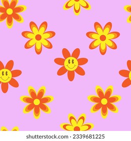 Seamless retro pattern in grove style with flowers and smilies in pastel colors.