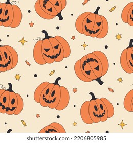 Seamless retro pattern for Halloween holiday with fun pumpkin jack o lantern. Childish vintage background for fabric, wrapping paper, textiles, wallpaper and apparel. Vector illustration