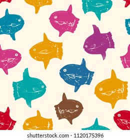 Seamless Retro Pattern with Hand drawn  Colored Contours of Ocean Sunfish