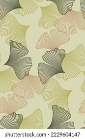 seamless retro pattern hand drawn Ginkgo biloba leaves. Japanese drawing graphic style, logo template, vector illustration fabric print floral botanical background isolated on vintage green color 