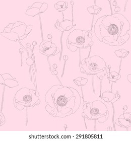 Seamless retro pattern with hand drawn sketch illustration of poppies over a pink background