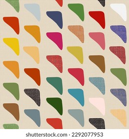 Seamless retro pattern with linen texture. Triangular figures of different colors. Vector illustration for printing on paper, fabric, packaging, wallpaper.