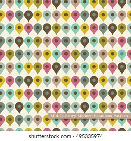 seamless retro pattern in mid century modern style. rows of map pins in vintage colors.