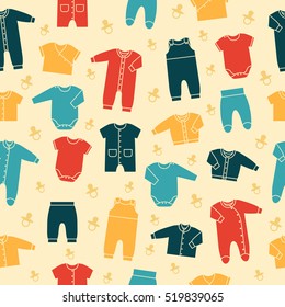 Seamless retro pattern with newborn baby clothes on yellow background. Collection cute clothing for children. Vector illustration.